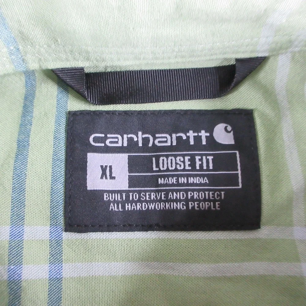 Carhartt Shirt Mens XL Green Plaid Short Sleeve Button Up Loose Fit Workwear